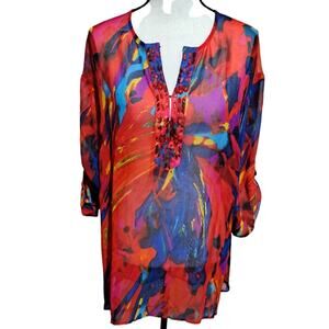 Peter Nygard Semi Sheer Top Beaded Neck Red Blue Yellow Purple Watercolor SZ XL